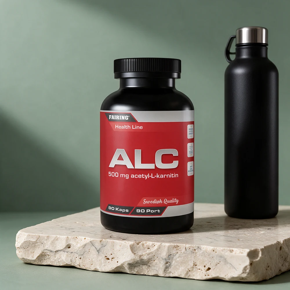 Fairing ALC i boks med 90 kapsler à 500 mg acetyl-L-karnitin, «90 Port» på etiketten