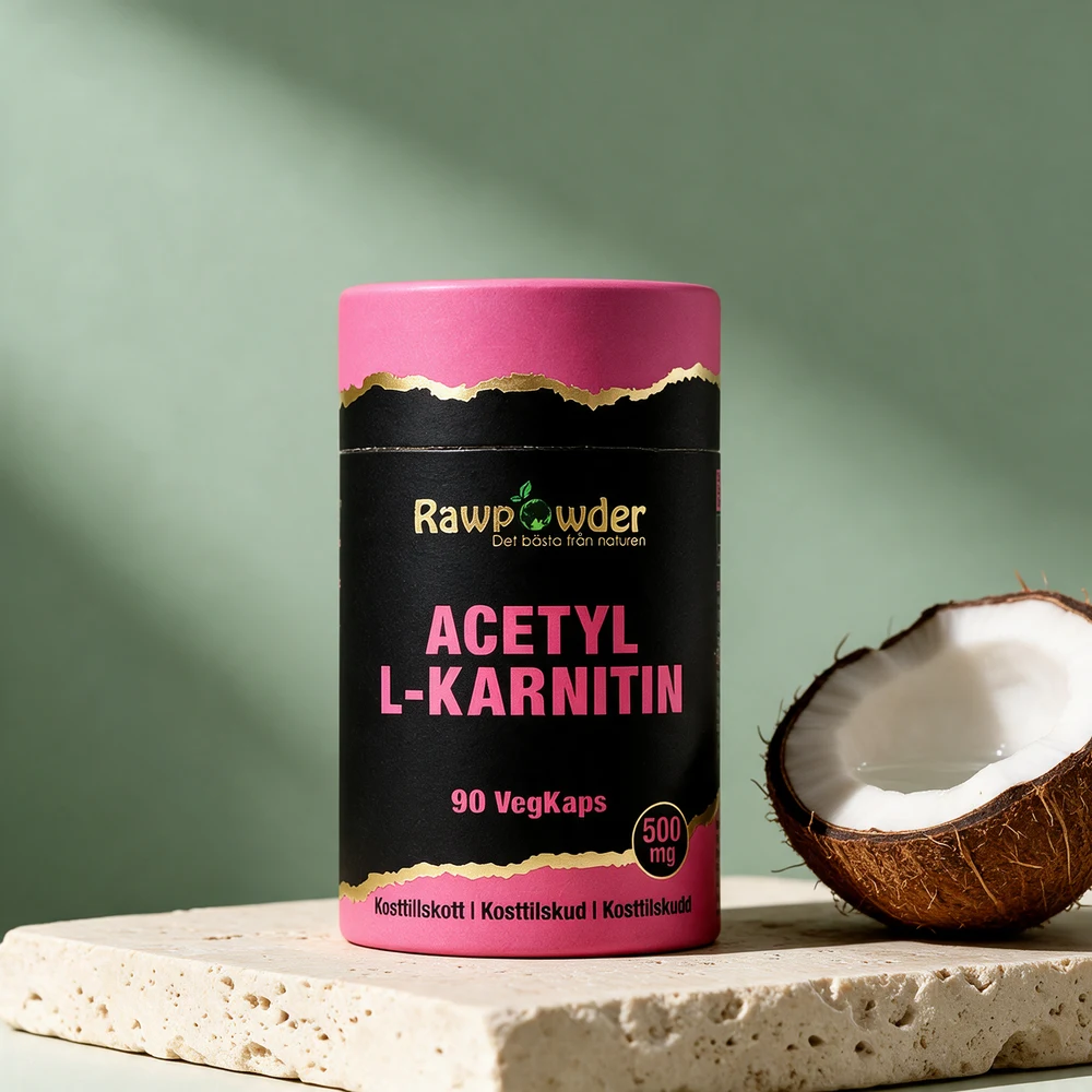 Rawpowder Acetyl L-Karnitin i papprør med 90 VegKaps à 500 mg, ved en delt kokosnøtt