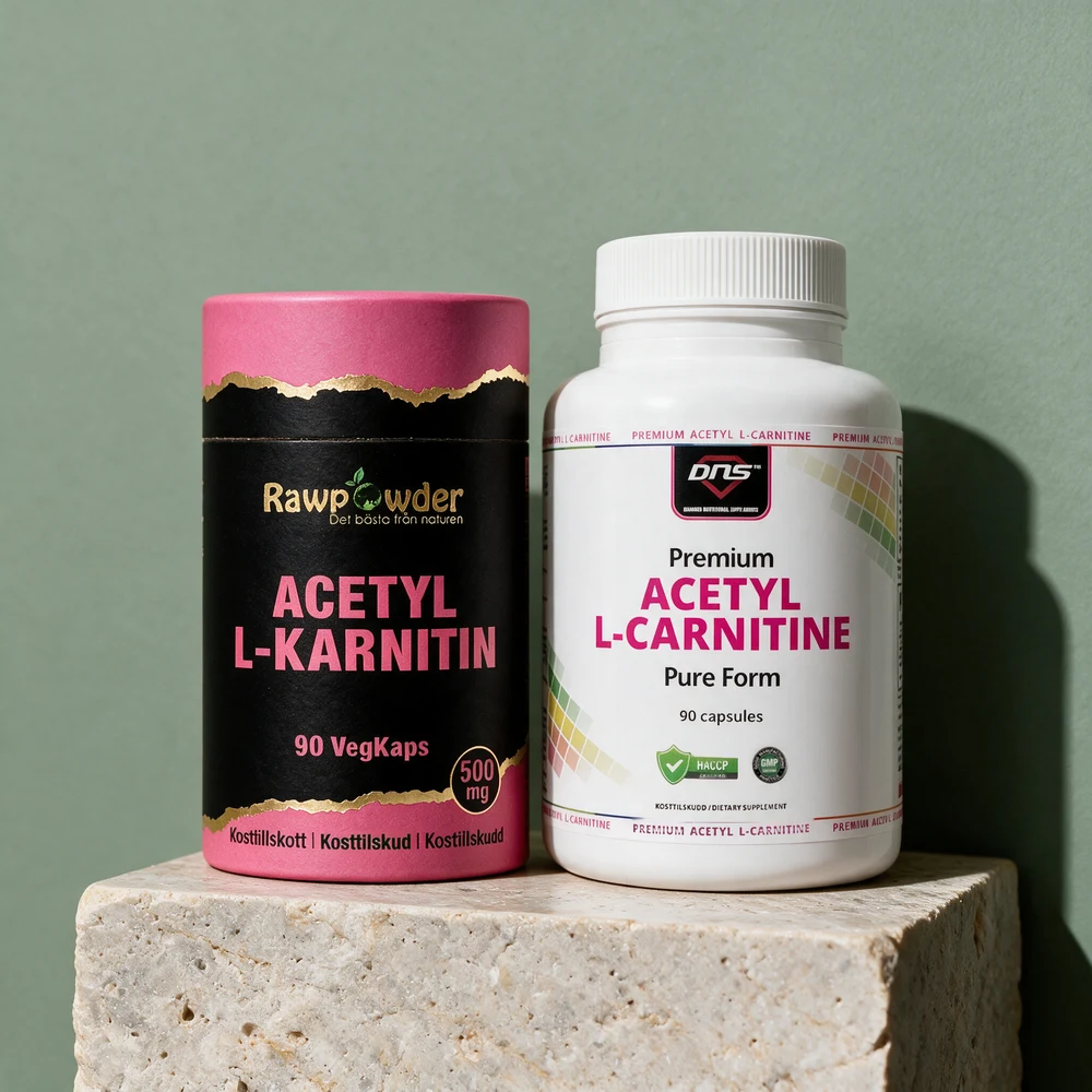 Rawpowder Acetyl L-Karnitin i papprør og DNS Premium Acetyl L-Carnitine i plastboks, begge rene acetyl-L-karnitin-kapsler