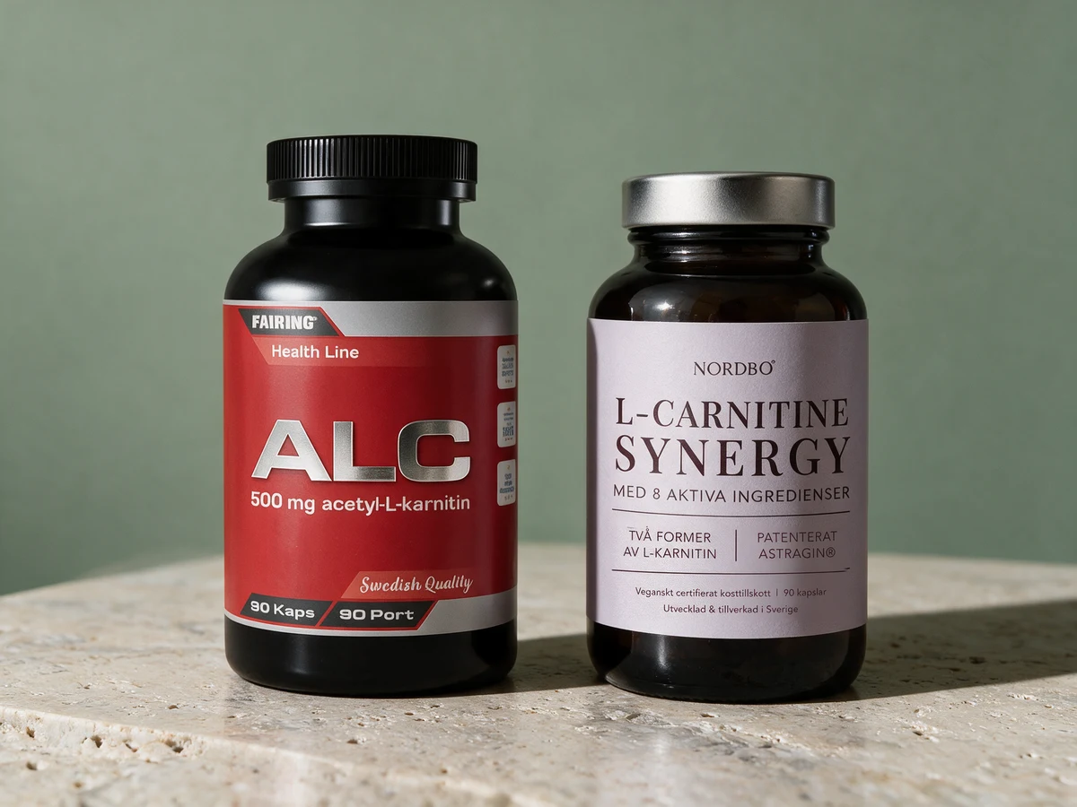 Fairing ALC med 500 mg acetyl-L-karnitin per kapsel og Nordbo L-Carnitine Synergy med to former av L-karnitin