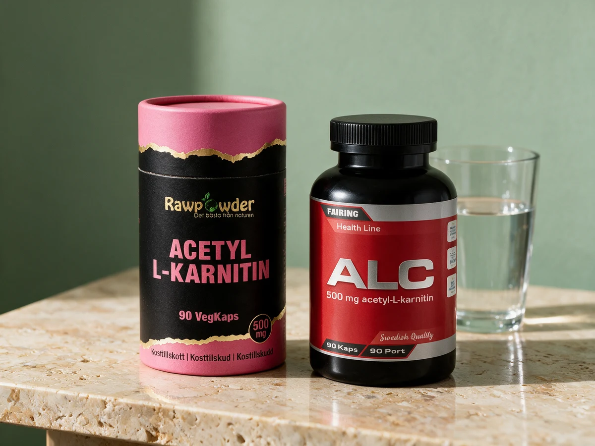 Rawpowder Acetyl L-Karnitin med VegKaps i papprør og Fairing ALC i plastboks