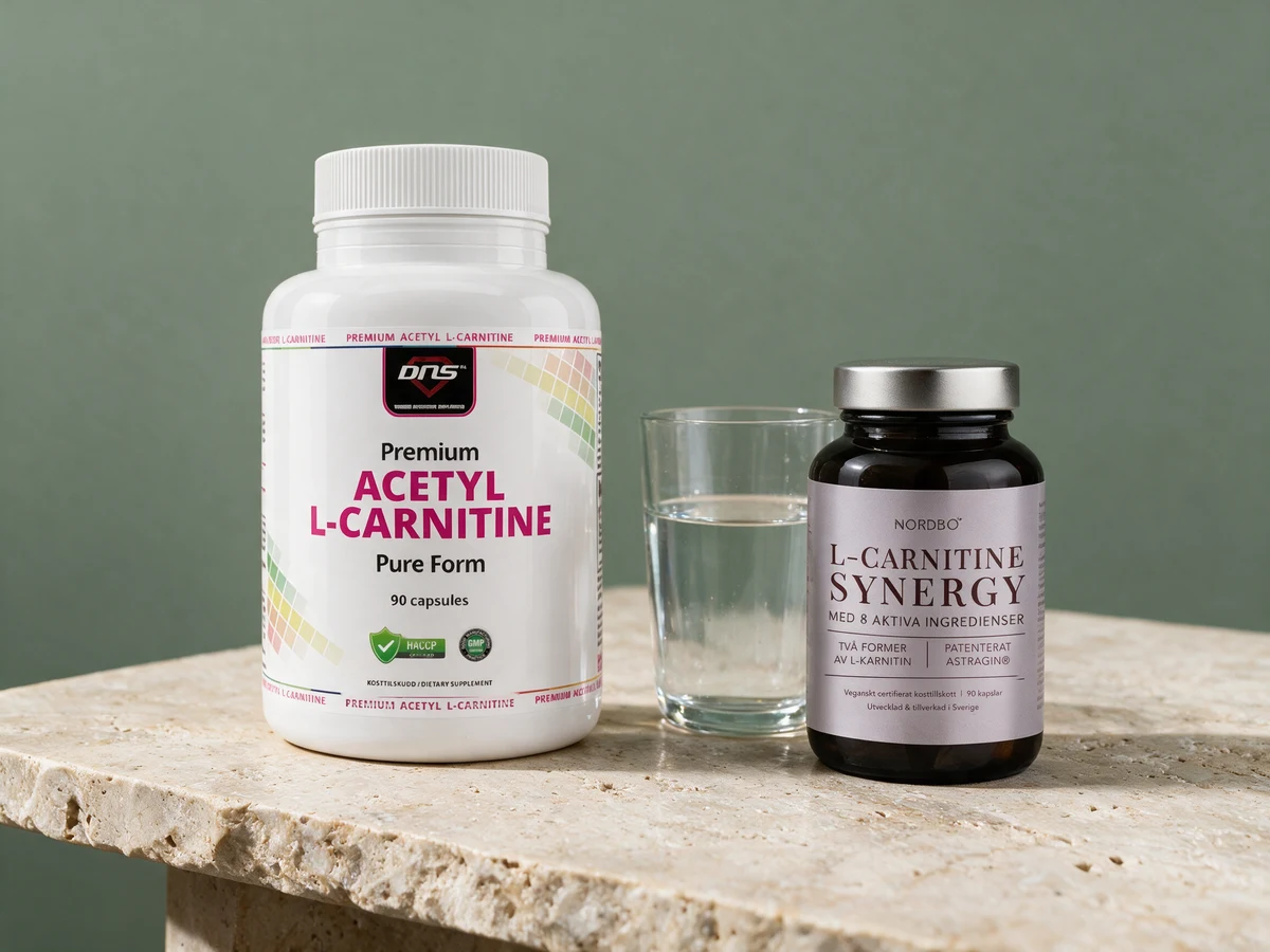 DNS Premium Acetyl L-Carnitine i plastboks, et vannglass til kapslene og Nordbo L-Carnitine Synergy i glasskrukke