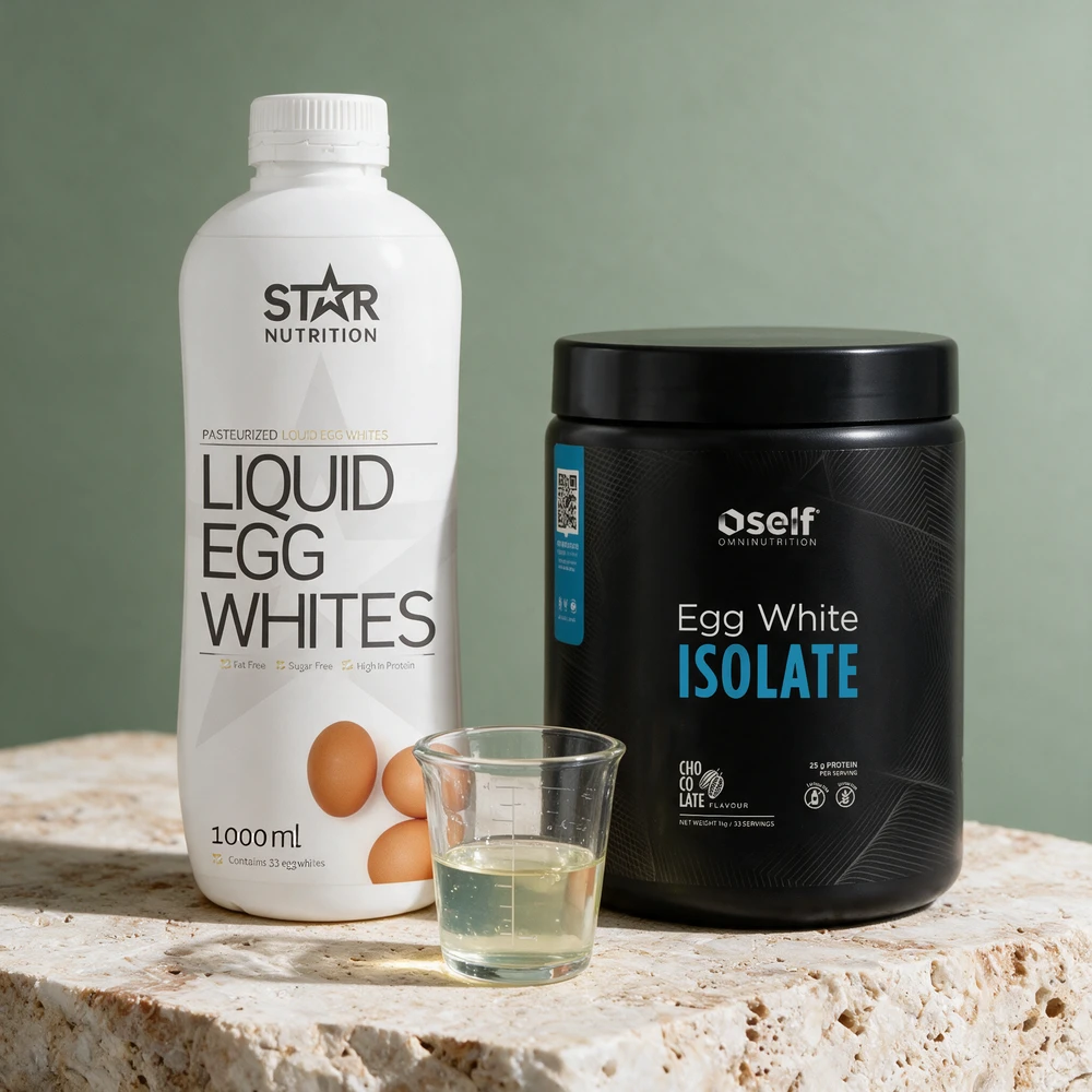 Literflasken fra Star Nutrition og Self-boksen Egg White Isolate, med et lite målebeger med klar eggehvite foran