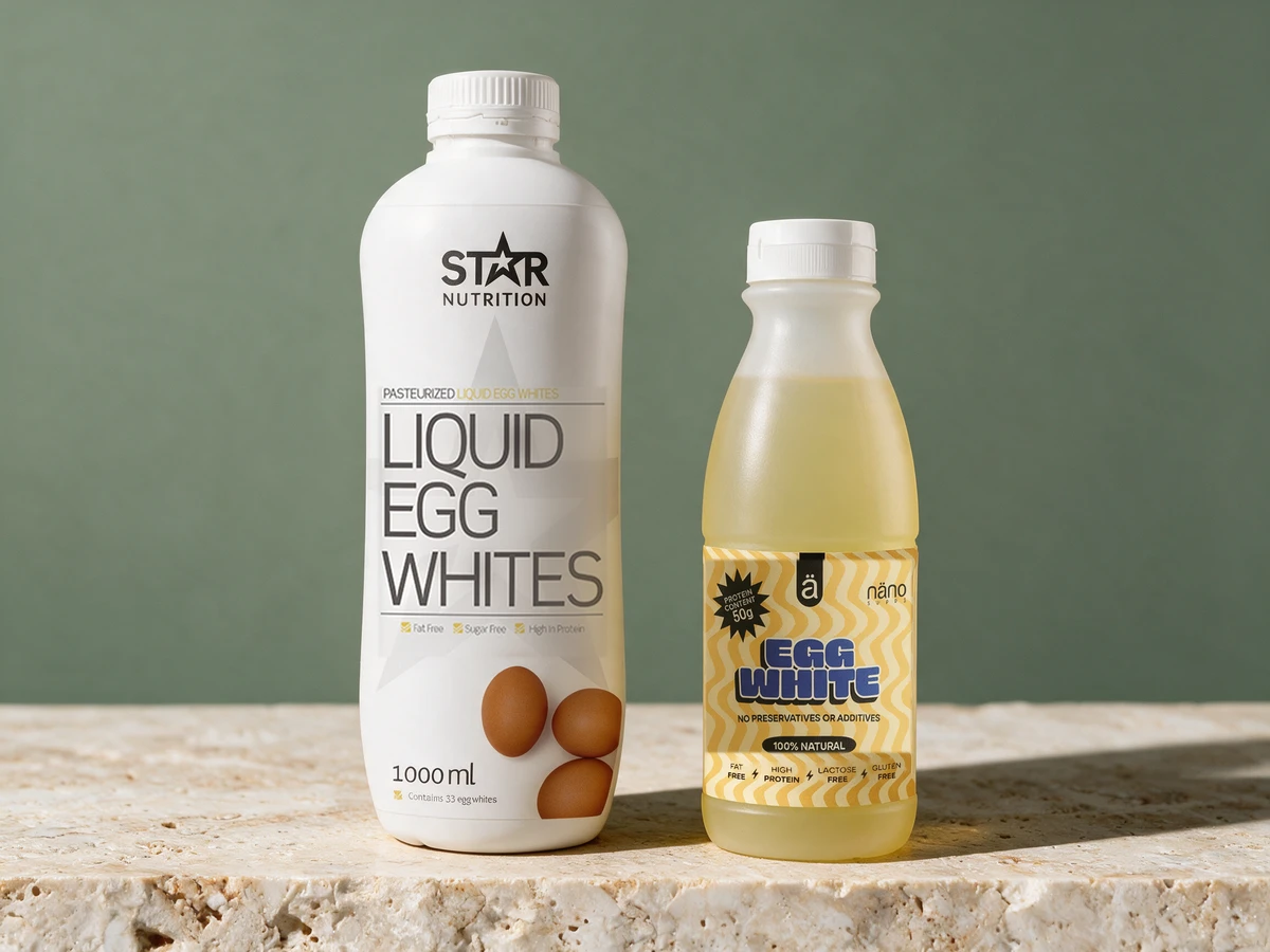 Literflasken fra Star Nutrition ved siden av den mindre halvliteren fra Nänosupps