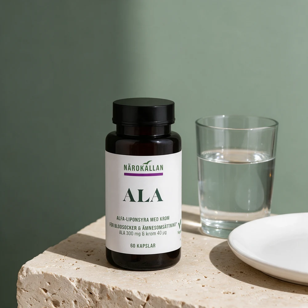 Närokällan ALA med krom, 300 mg alfa-liponsyre og 40 µg krom i 60 kapsler