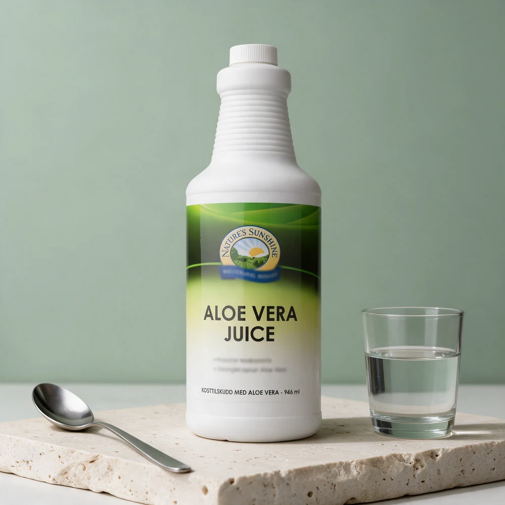Nature's Sunshine Aloe Vera Juice, hvit flaske på 946 ml med smal hals og skrukork