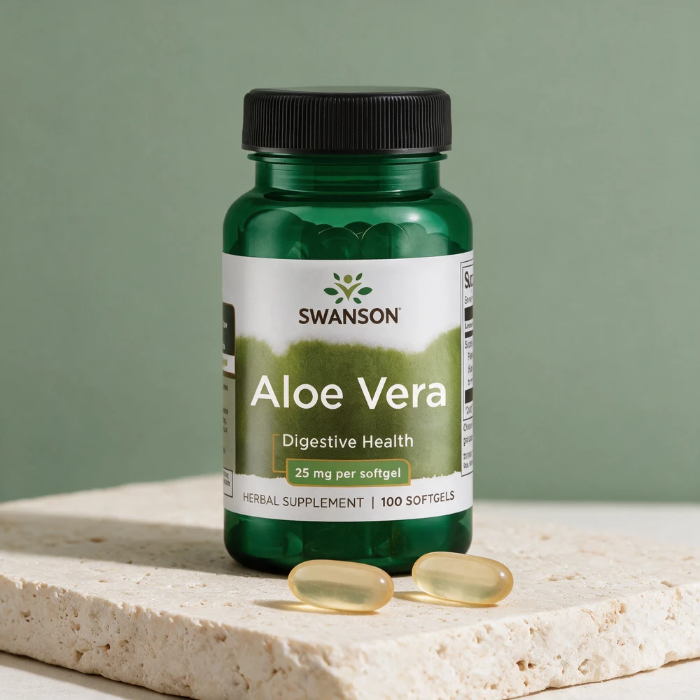 Swanson Aloe Vera i grønn boks med to avlange myke kapsler foran