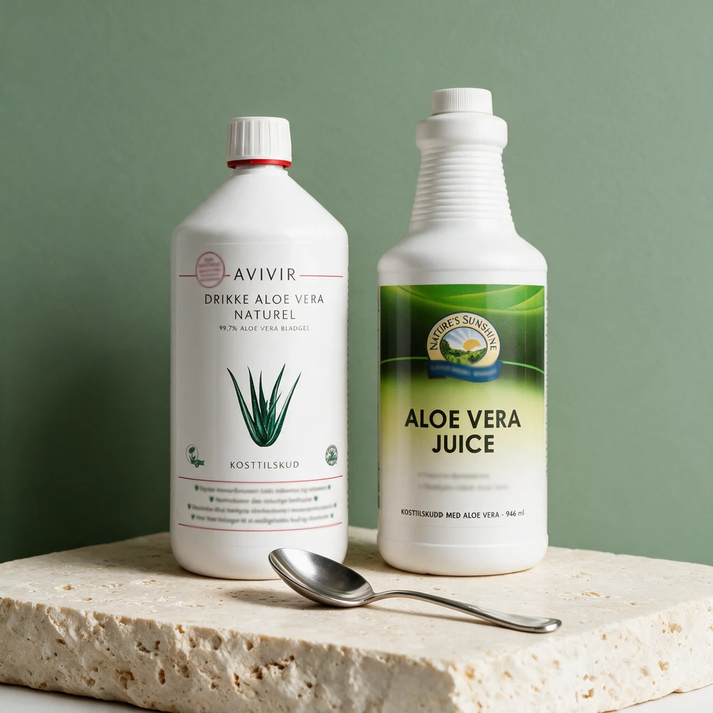 Avivir Drikke Aloe Vera Naturel og Nature's Sunshine Aloe Vera Juice, de to saftflaskene, på en liter og 946 ml