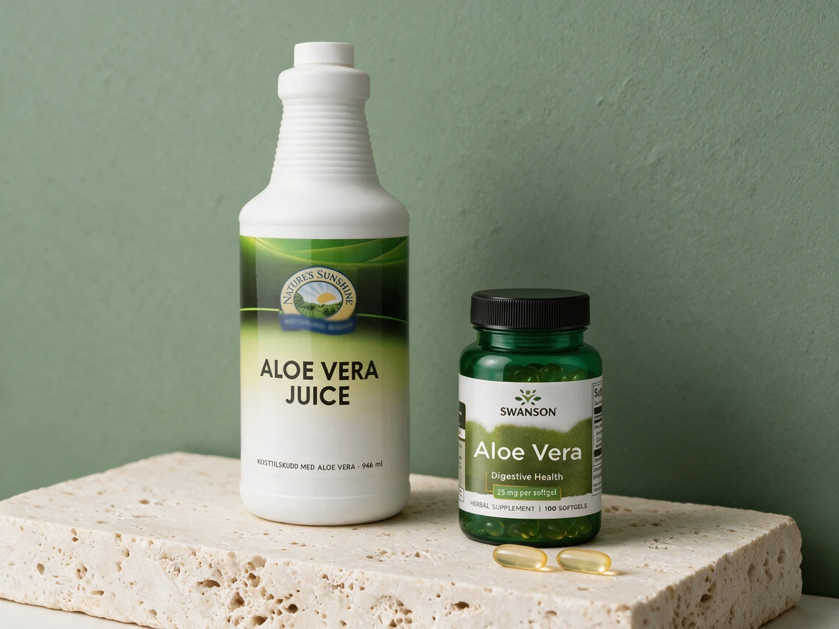 Nature's Sunshine Aloe Vera Juice-flasken ved siden av Swanson Aloe Vera-boksen med to kapsler foran
