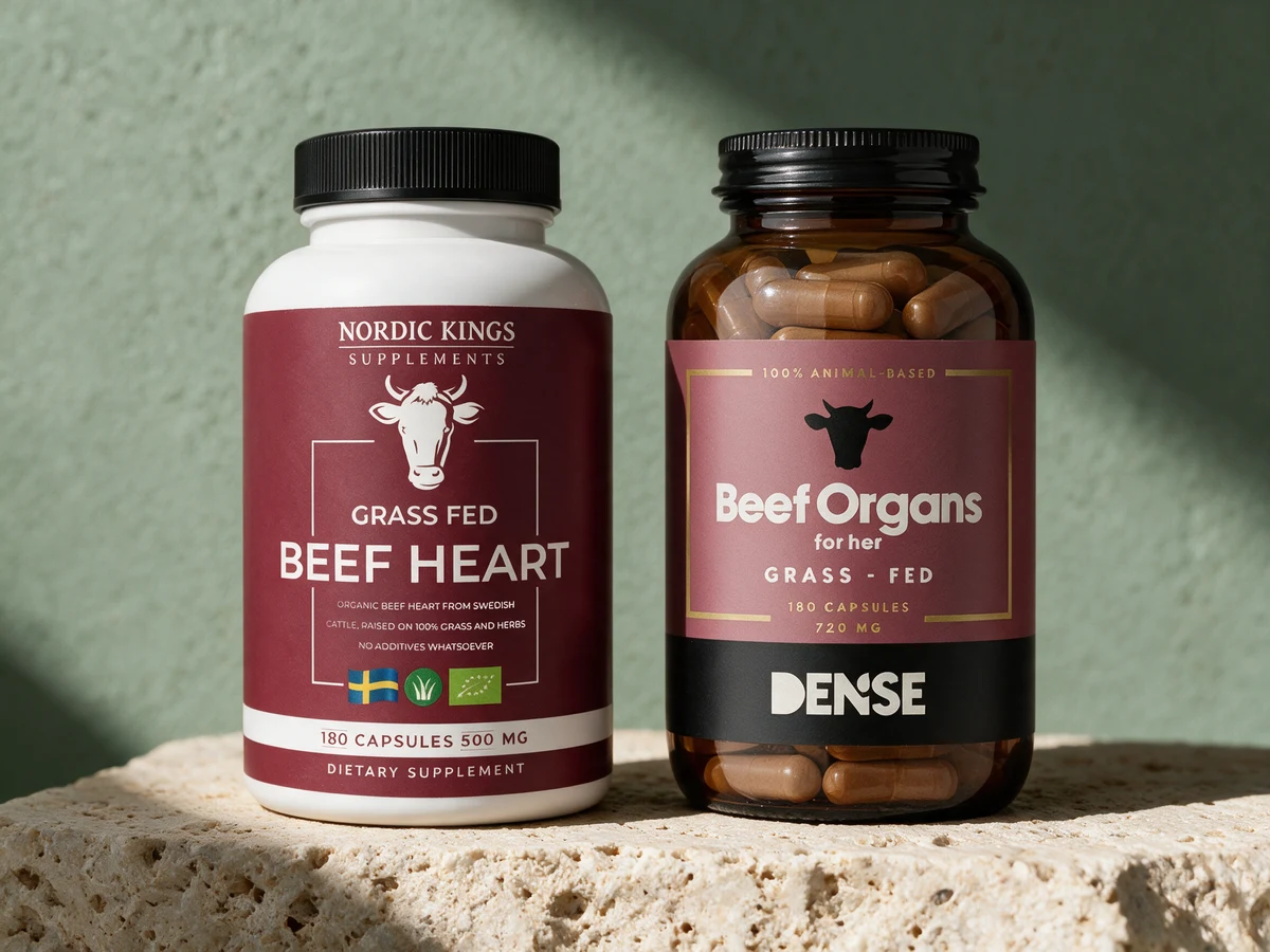 Nordic Kings Beef Heart, hvit plastboks med 180 kapsler à 500 mg, og Dense Beef Organs for Her, brun glassboks med 180 kapsler à 720 mg