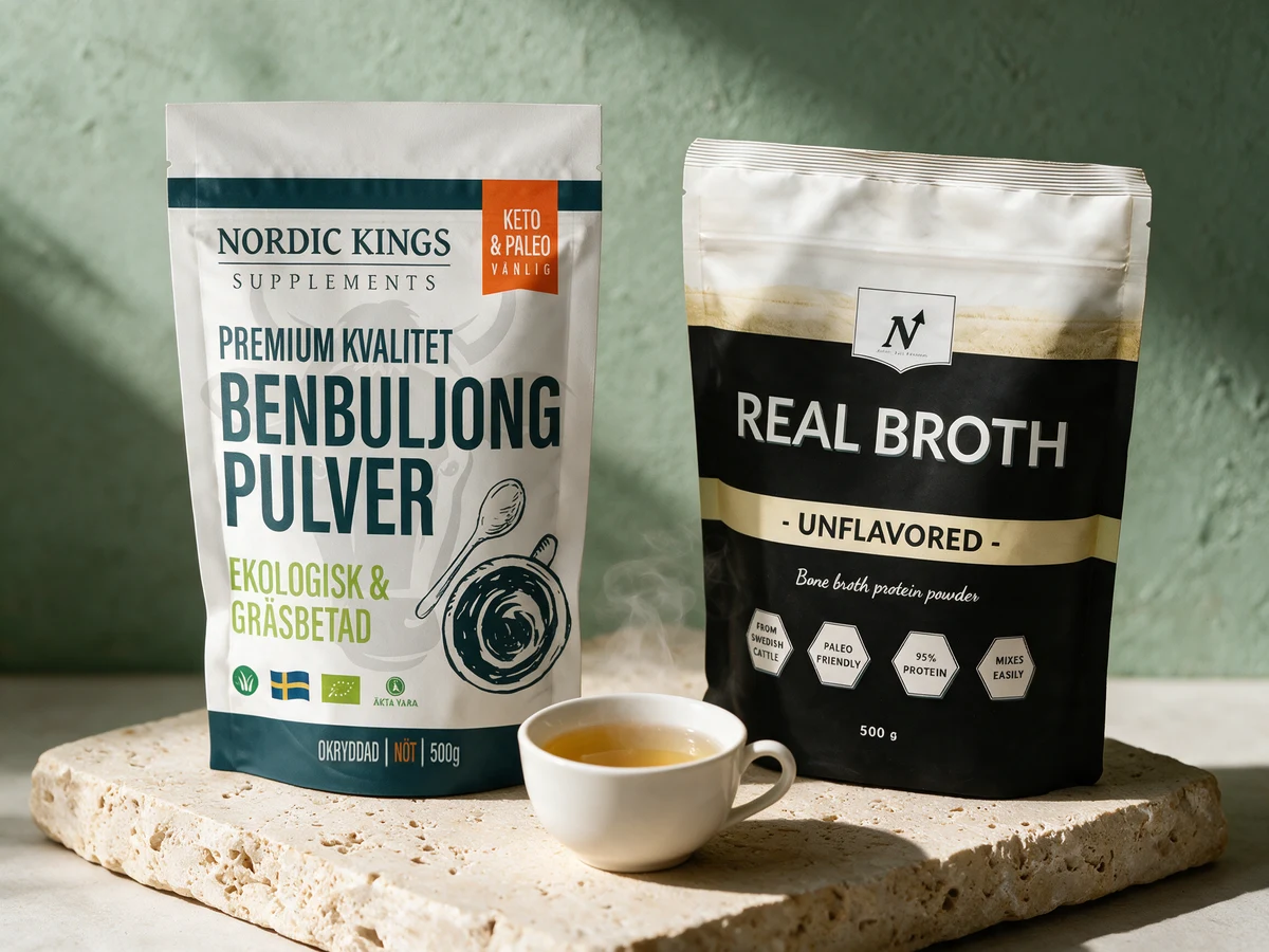 Nordic Kings Benbuljongpulver og Nyttoteket Real Broth Unflavored, to benbuljongposer på 500 gram