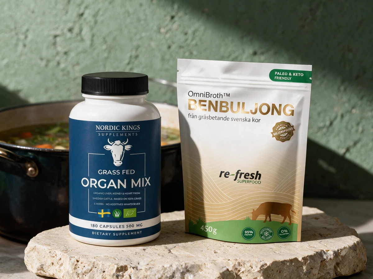 Nordic Kings Organ Mix, hvit plastboks med 180 kapsler à 500 mg, og Re-Fresh Benbuljong, hvit og gyllen pose på 450 gram