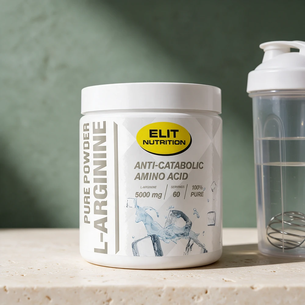 ELIT 100% Pure L-arginine med 5 000 mg per skje og en shaker