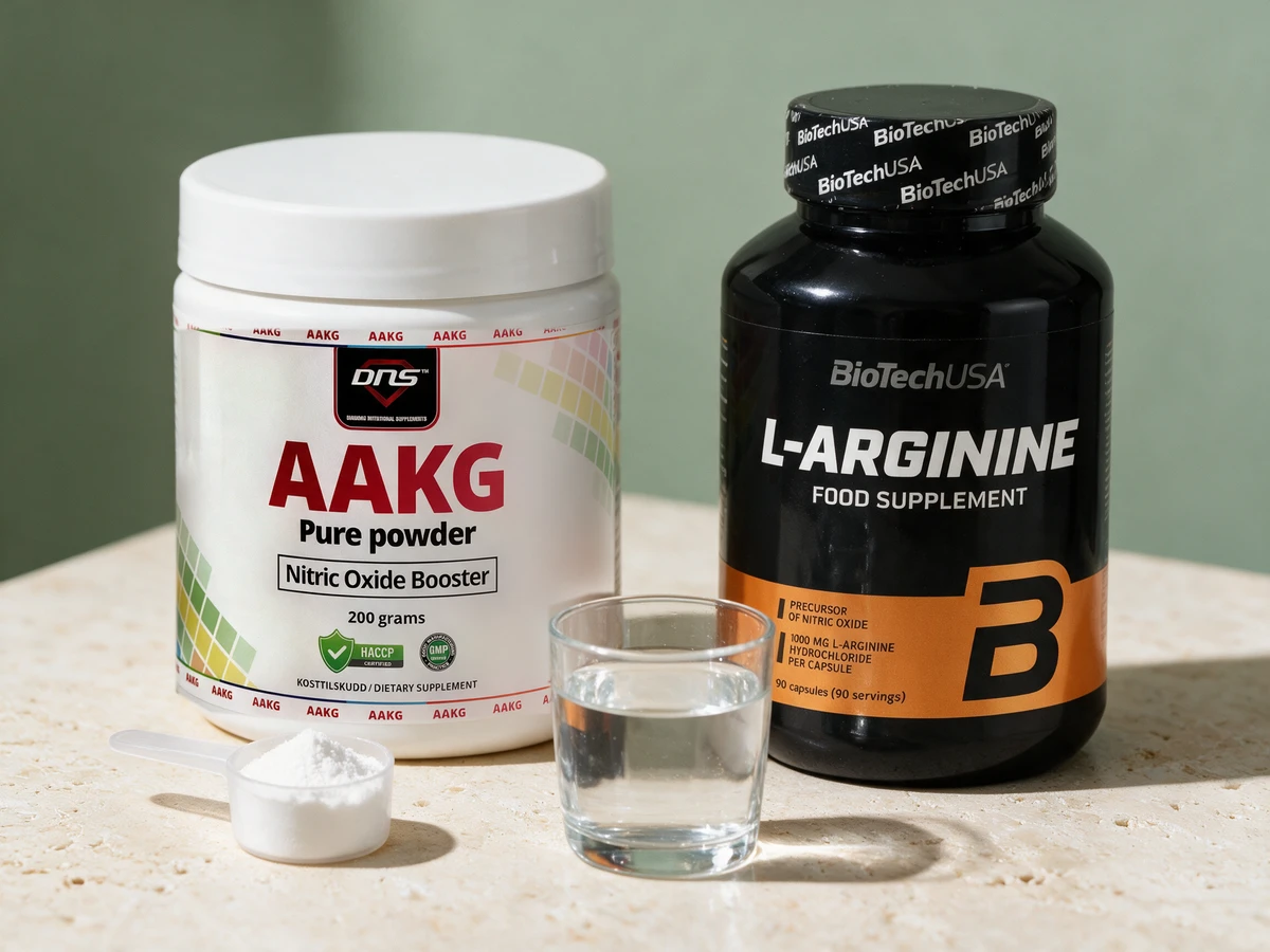 DNS AAKG Pure Powder med måleskje pulver og Biotech USA L-Arginine i kapselboks