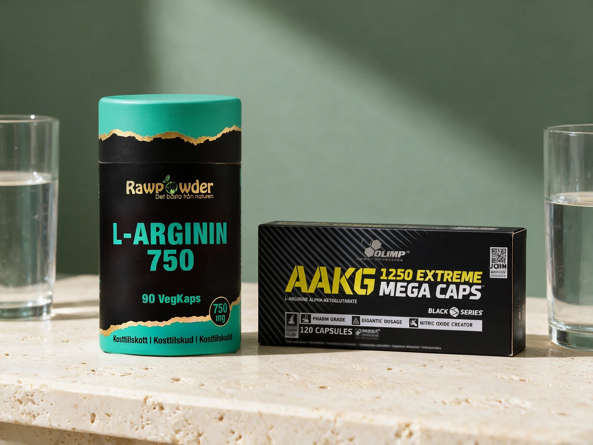 Rawpowder L-Arginin 750 mg i rund boks og Olimp AAKG 1250 Extreme Mega Caps i flat eske