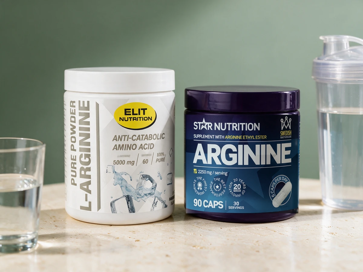 ELIT 100% Pure L-arginine med 5 000 mg per skje og Star Nutrition Arginin PWO med seks kapsler om dagen