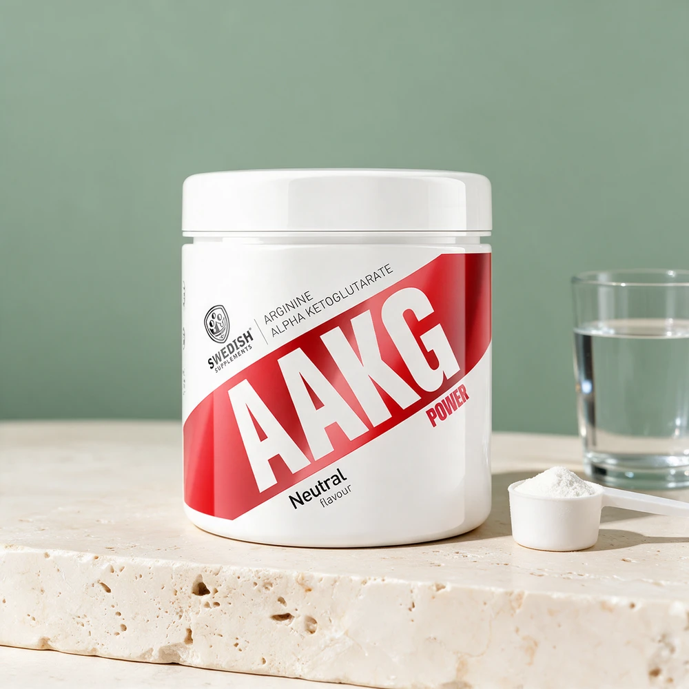 Swedish Supplements AAKG Power Neutral med en skje pulver
