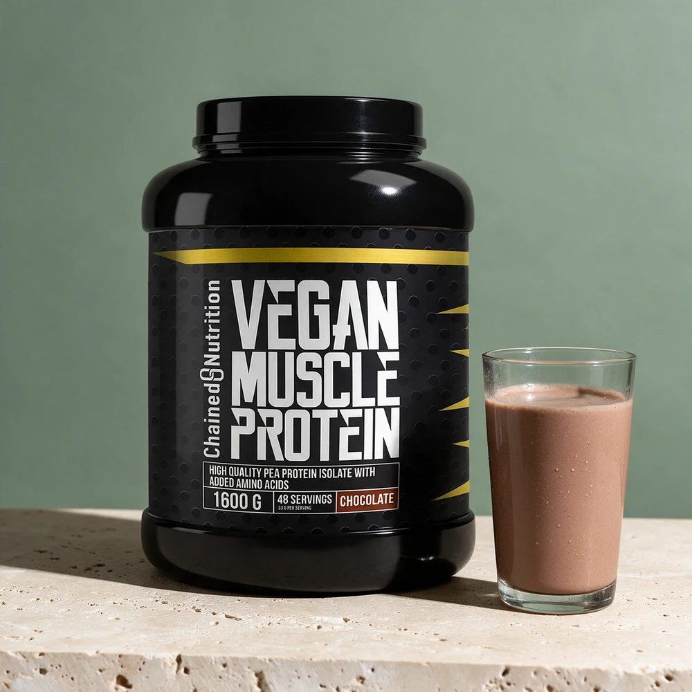 Chained Nutrition Vegan Muscle Protein Chocolate, boks merket «pea protein isolate with added amino acids»