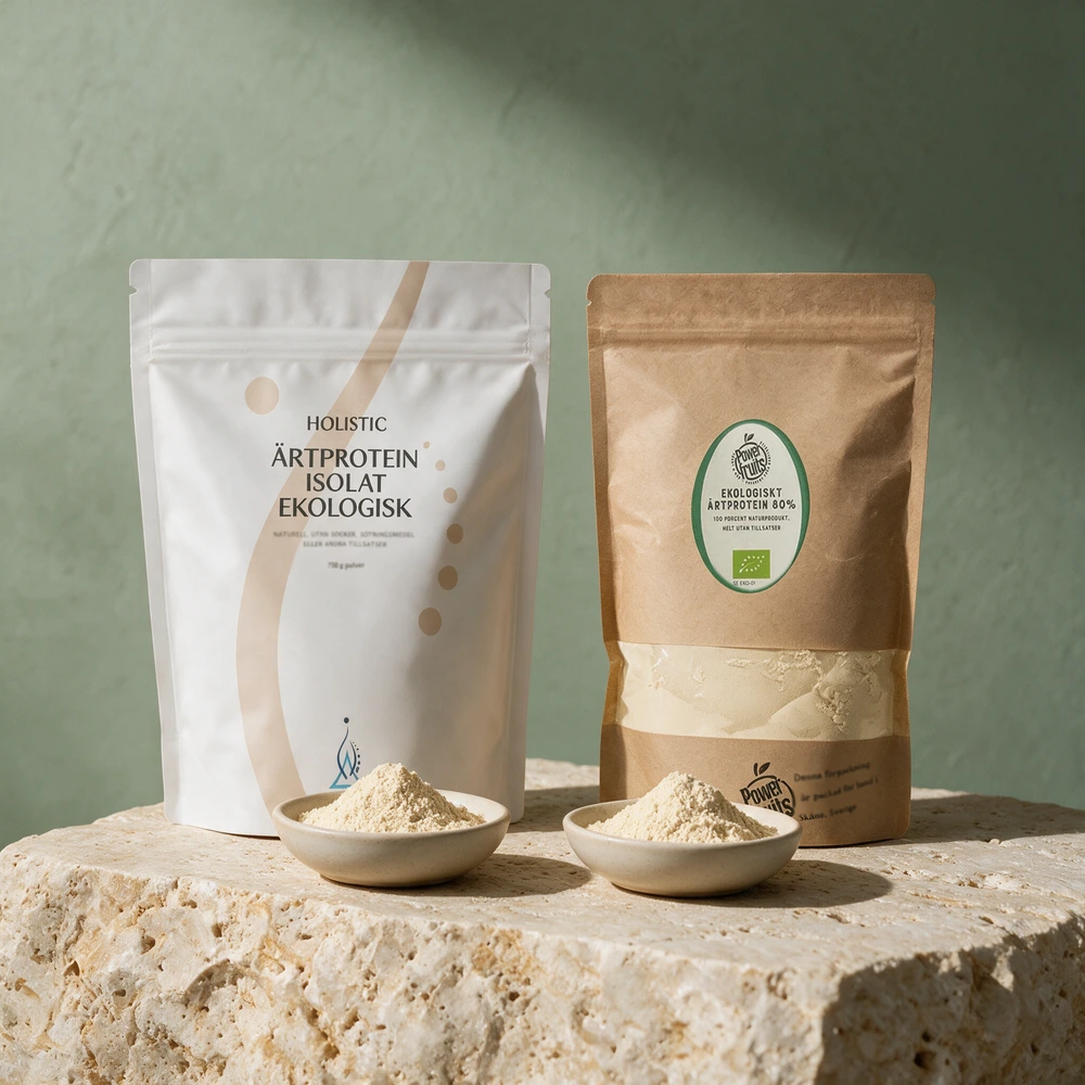 Holistic Ärtprotein Isolat Ekologisk og Powerfruits Ekologiskt Ärtprotein 80 %, begge poser med en liten skål pulver foran