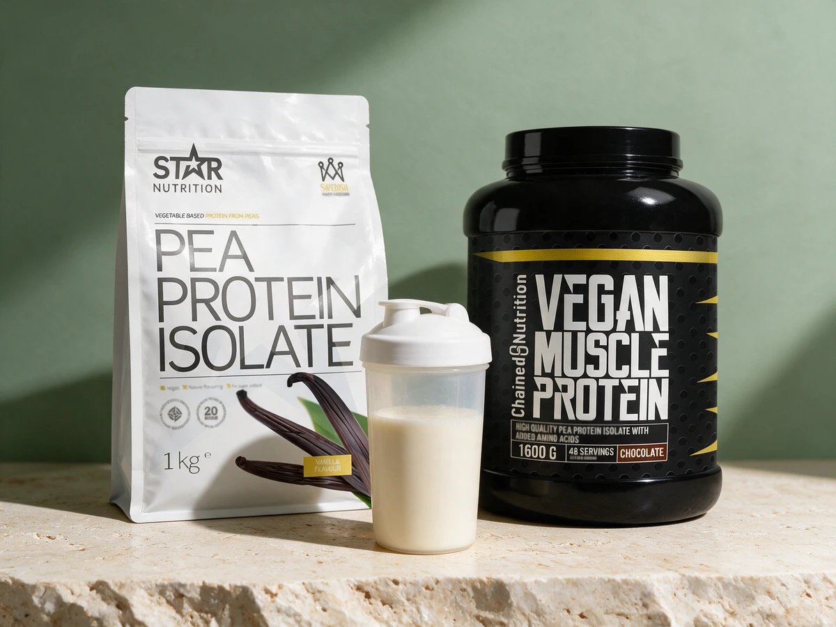 Star Nutrition Pea Protein Isolate med vanilje og Chained Nutrition Vegan Muscle Protein Chocolate, to smaksatte ertepulver