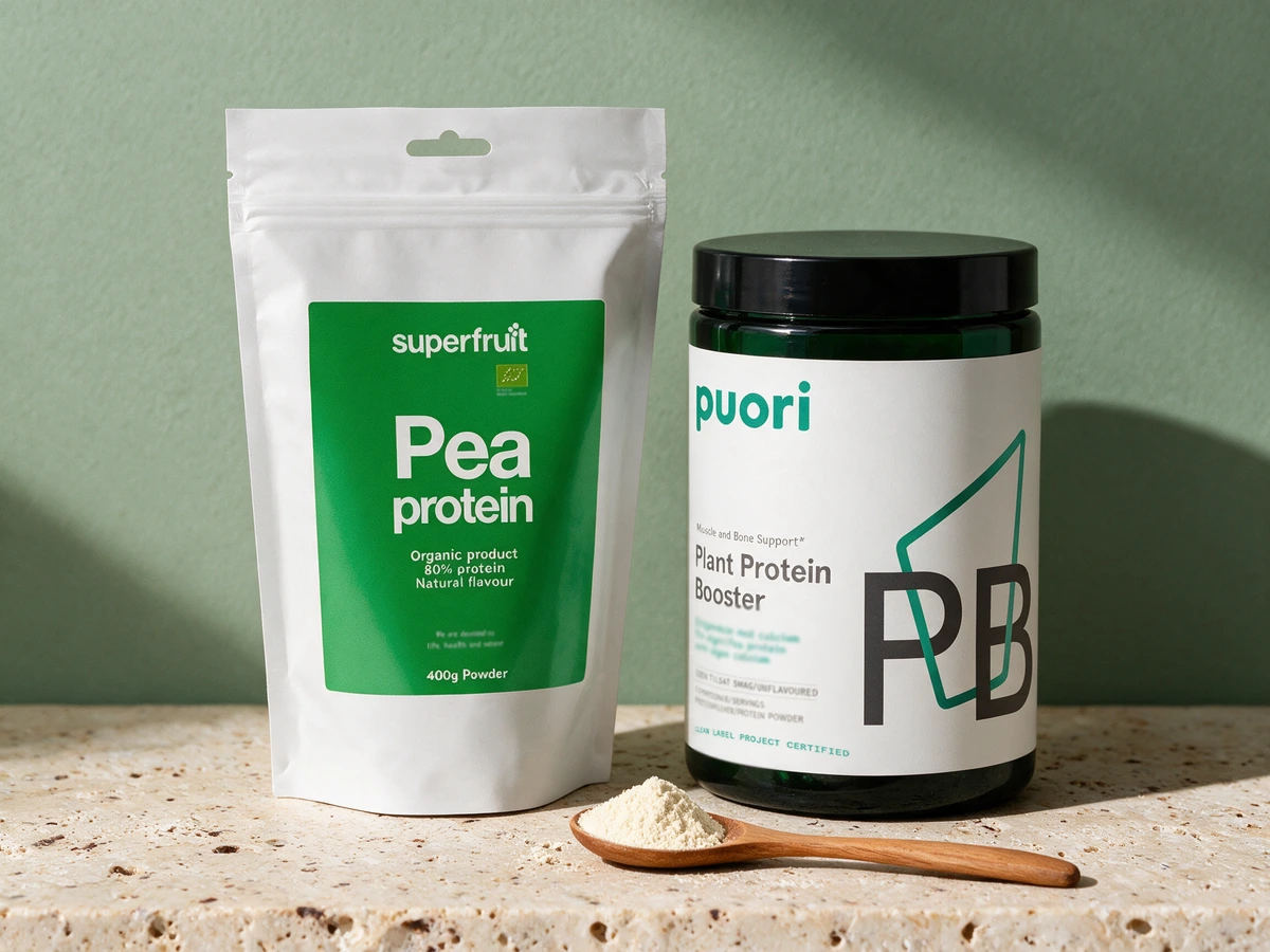 Superfruit Pea Protein merket «Natural flavour» og Puori Plant Protein Booster, ertepulver med kalsium fra alger