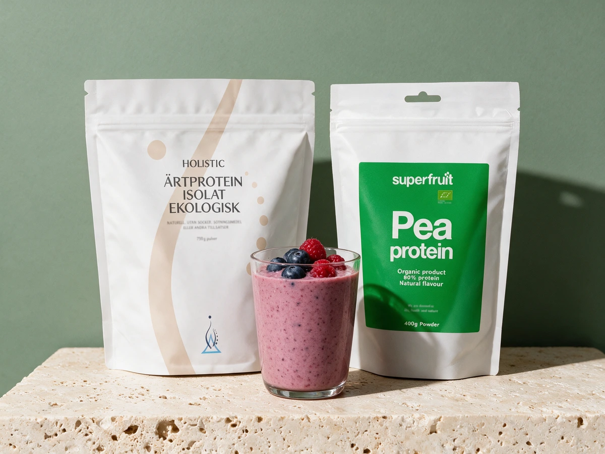 Holistic Erteproteinisolat Økologisk og Superfruit Pea Protein med et glass bærsmoothie mellom seg