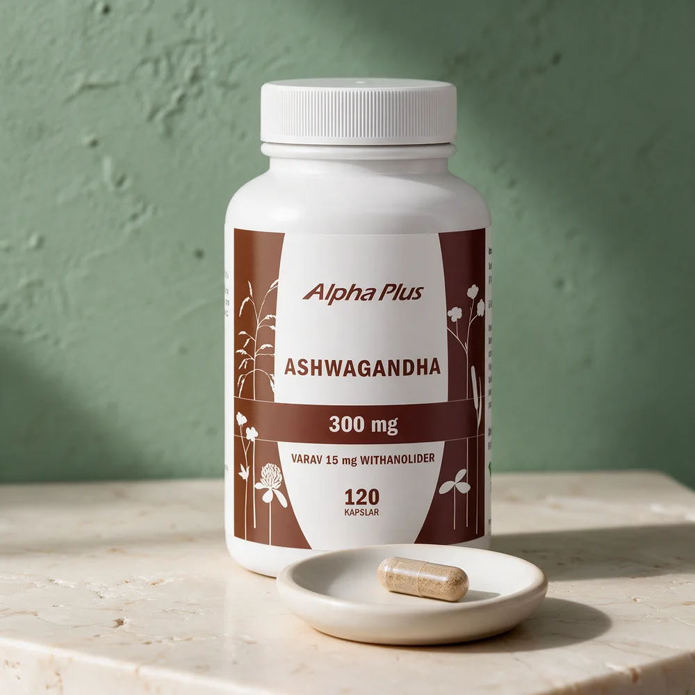 Alpha Plus Ashwagandha med 300 mg og 15 mg withanolider per kapsel, og én kapsel foran boksen