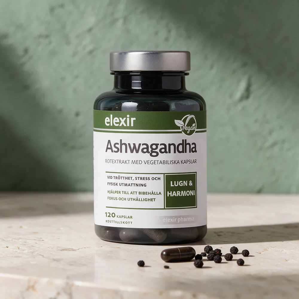 Elexir Pharma Ashwagandha, 120 kapsler, med én kapsel og sorte pepperkorn