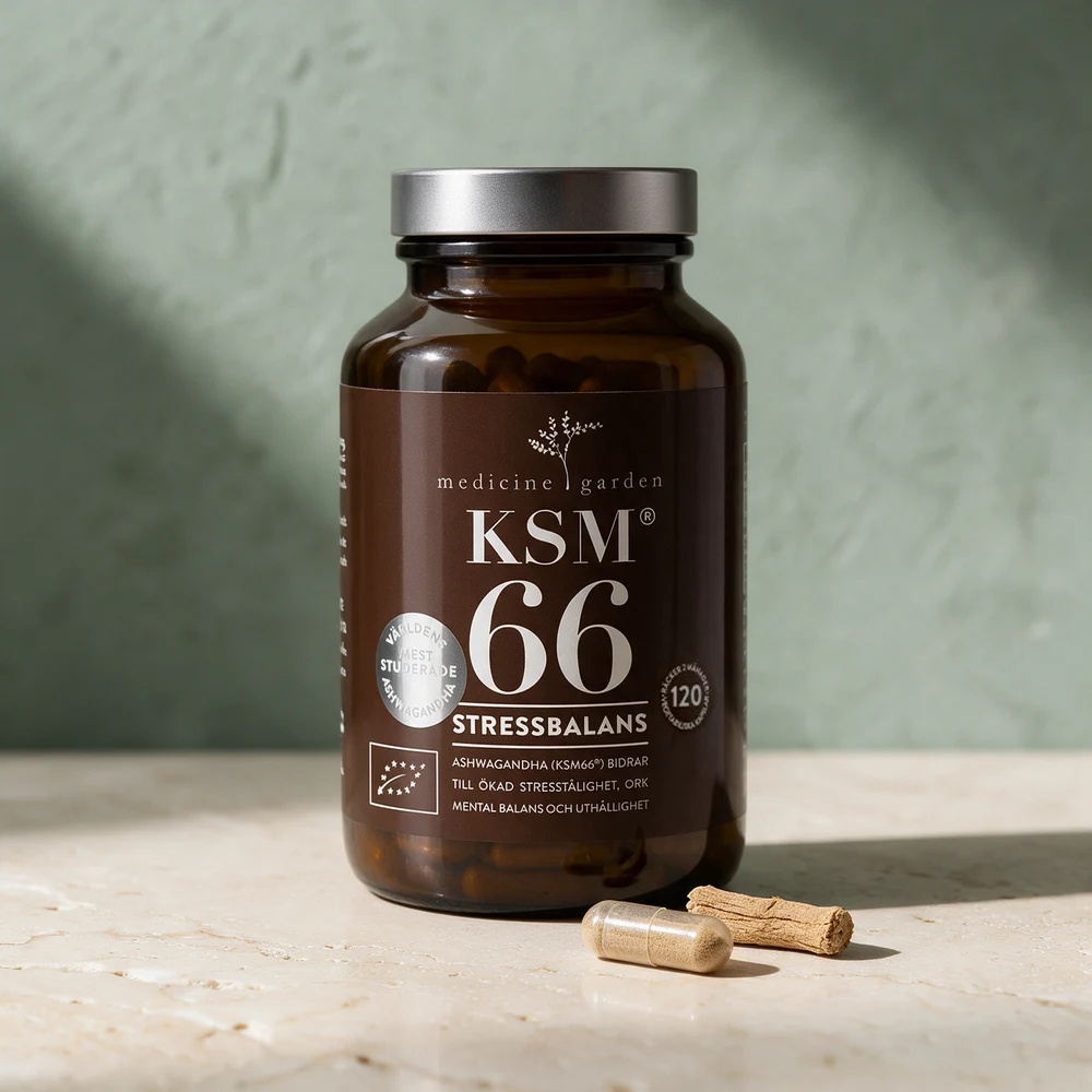 MedicineGarden KSM-66 Ashwagandha i brun glassboks, med én kapsel og en bit tørket ashwagandharot