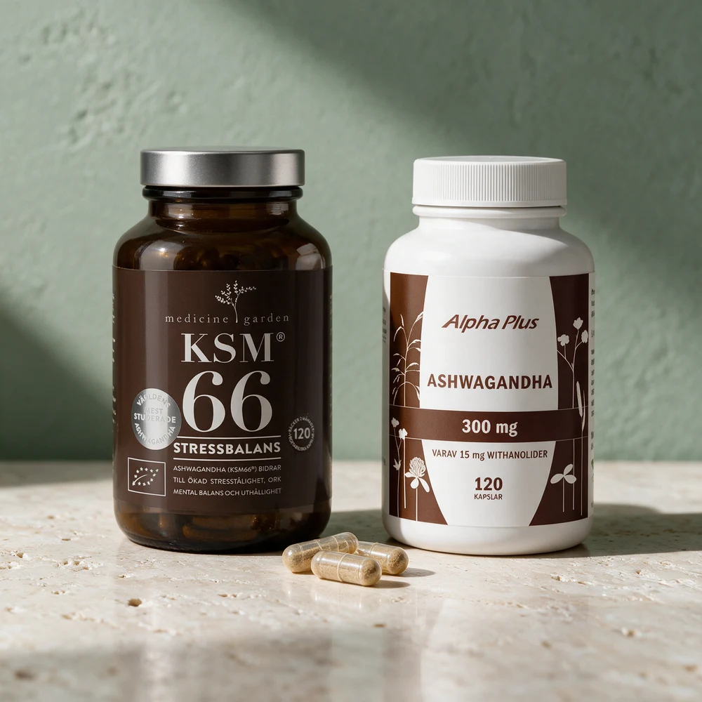 MedicineGarden KSM-66 Ashwagandha i brun glassboks og Alpha Plus Ashwagandha i hvit boks med 15 mg withanolider oppgitt, med tre kapsler foran