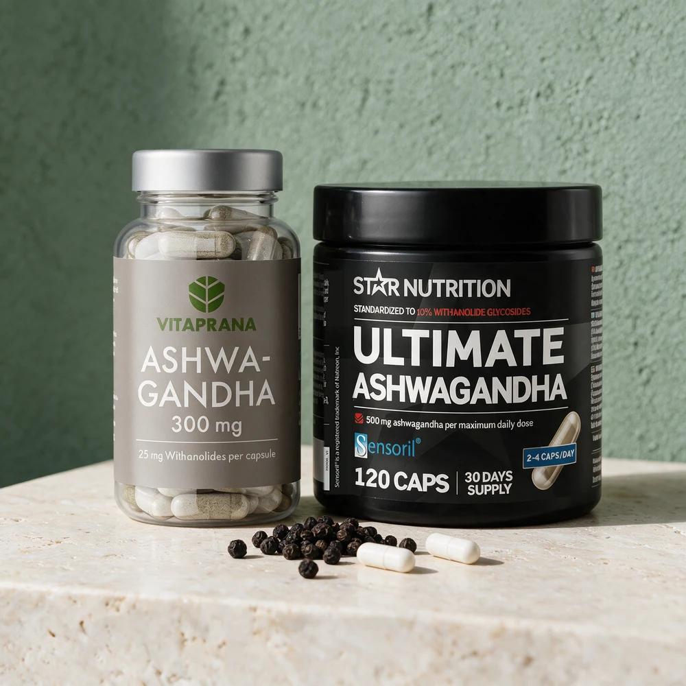 Vitaprana Ashwagandha med 25 mg withanolider per kapsel og Star Nutrition Ultimate Ashwagandha med Sensoril, med sorte pepperkorn foran