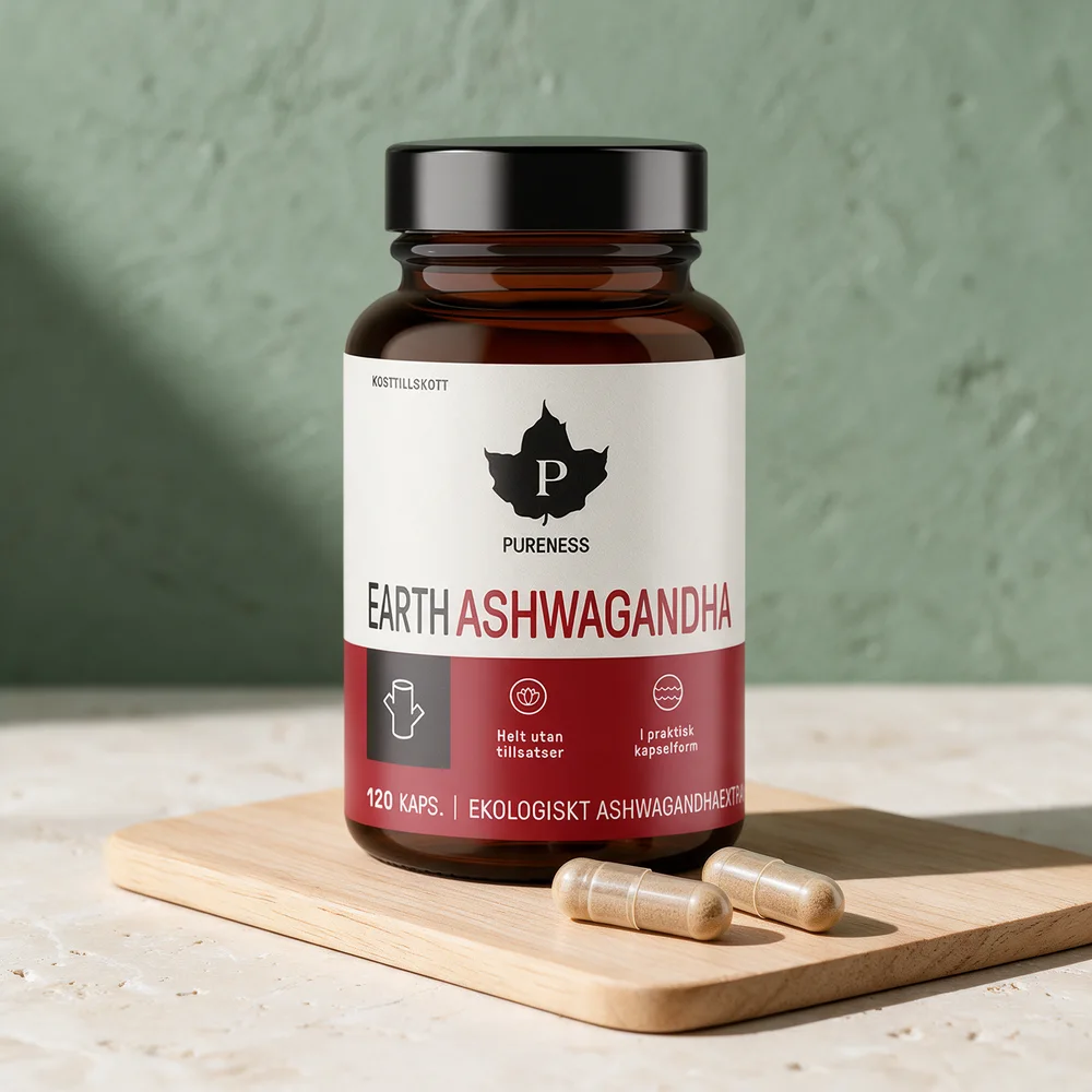 Pureness Earth Ashwagandha, 120 kapsler, med to kapsler foran boksen