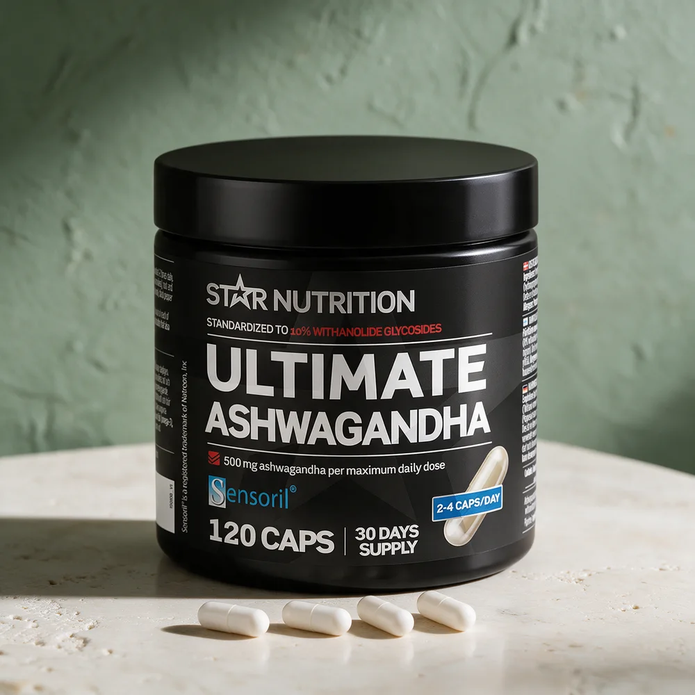 Star Nutrition Ultimate Ashwagandha, 120 kapsler, med fire kapsler foran boksen