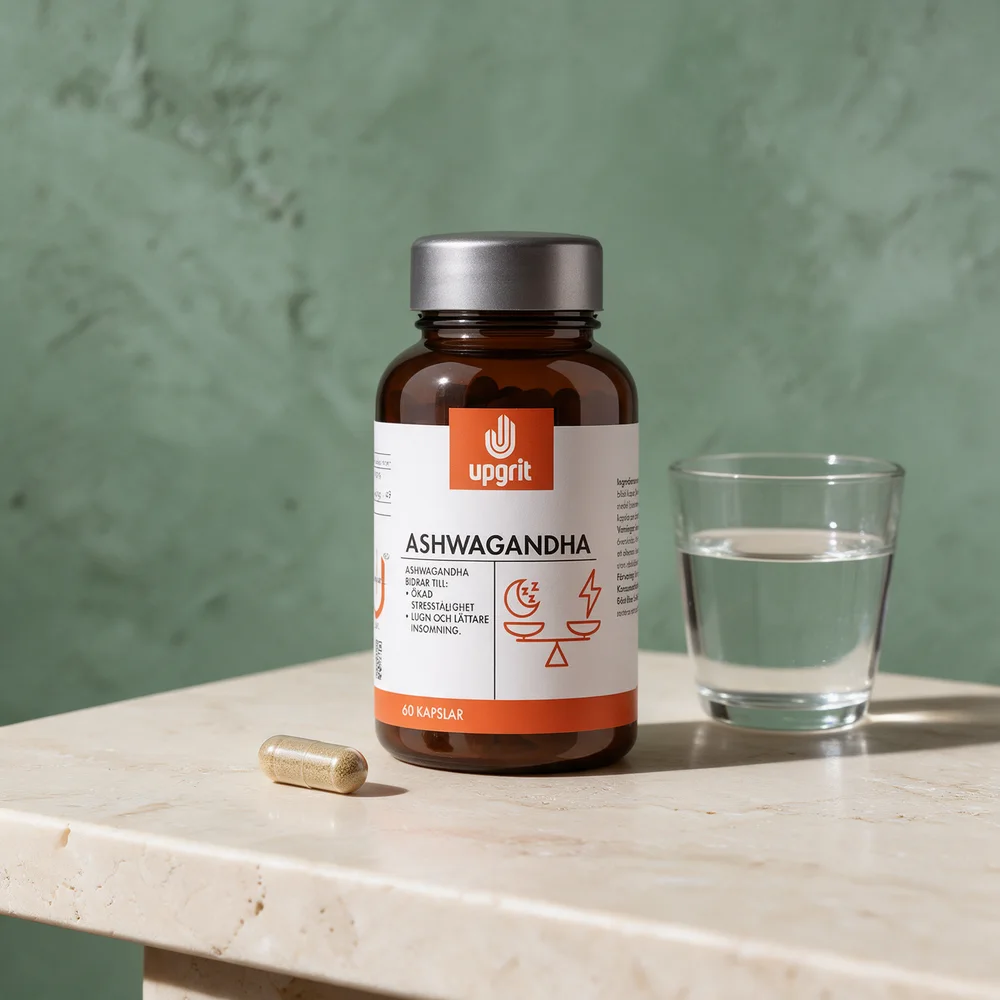 Upgrit Ashwagandha, brun glassboks, og én stor kapsel ved siden av