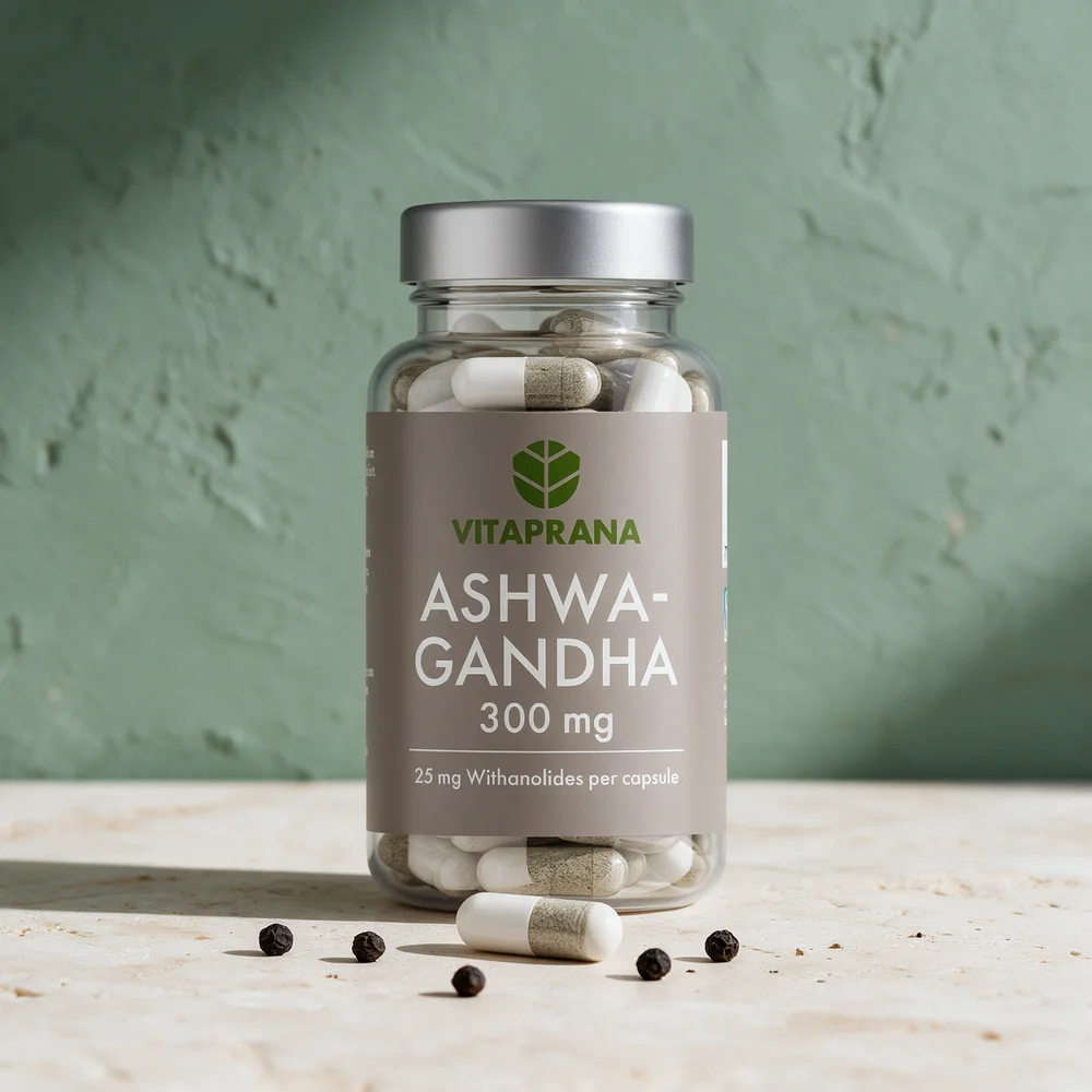 Vitaprana Ashwagandha i klar boks, 25 mg withanolider per kapsel, med én kapsel og sorte pepperkorn