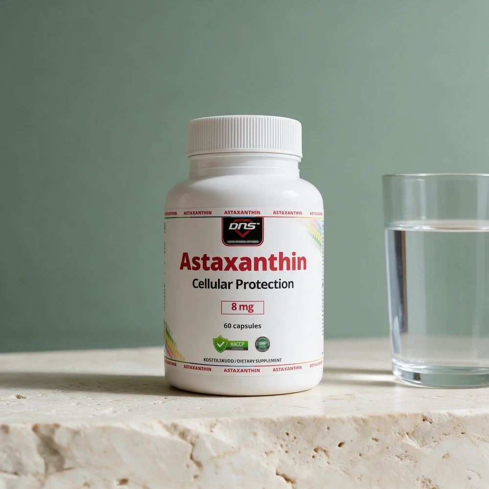 DNS Astaxanthin, hvit boks merket 8 mg og 60 kapsler