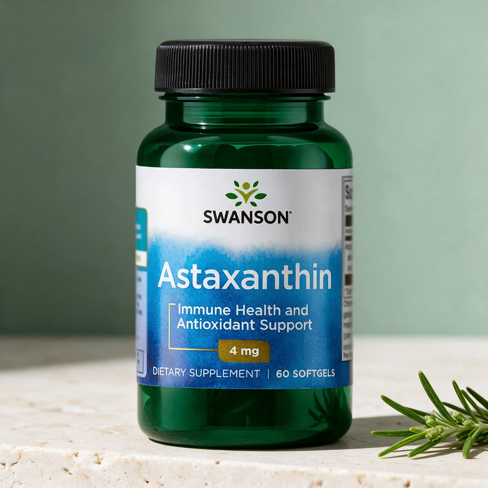 Swanson Astaxanthin, flaske merket 4 mg og 60 myke kapsler