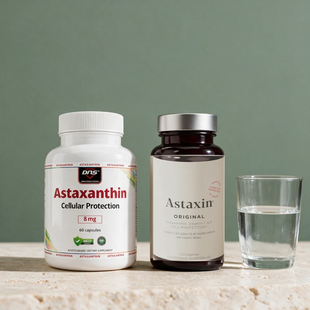 DNS Astaxanthin, 60 kapsler à 8 mg, og Astaxin Original, 120 kapsler à 4 mg