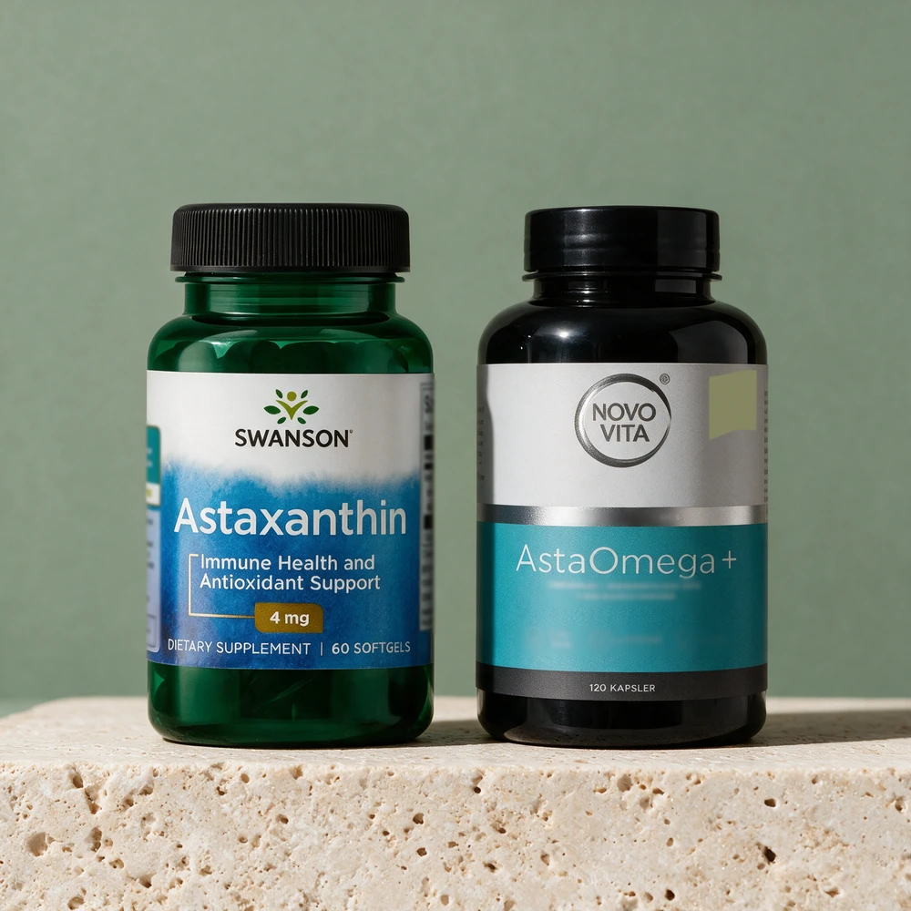 Swanson Astaxanthin, 60 myke kapsler à 4 mg, og Novo Vita AstaOmega+, 120 kapsler