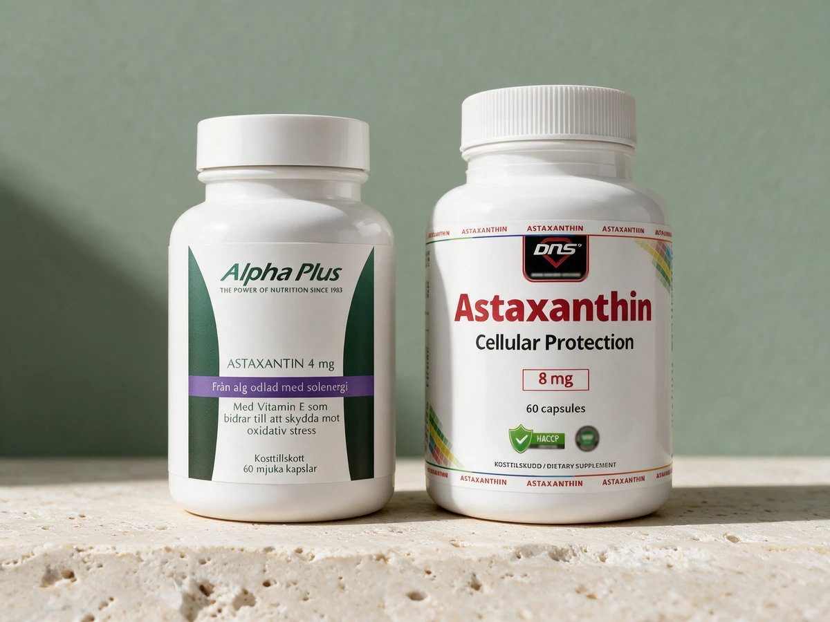 Alpha Plus Astaxantin, 60 myke kapsler à 4 mg, og DNS Astaxanthin, 60 harde kapsler à 8 mg