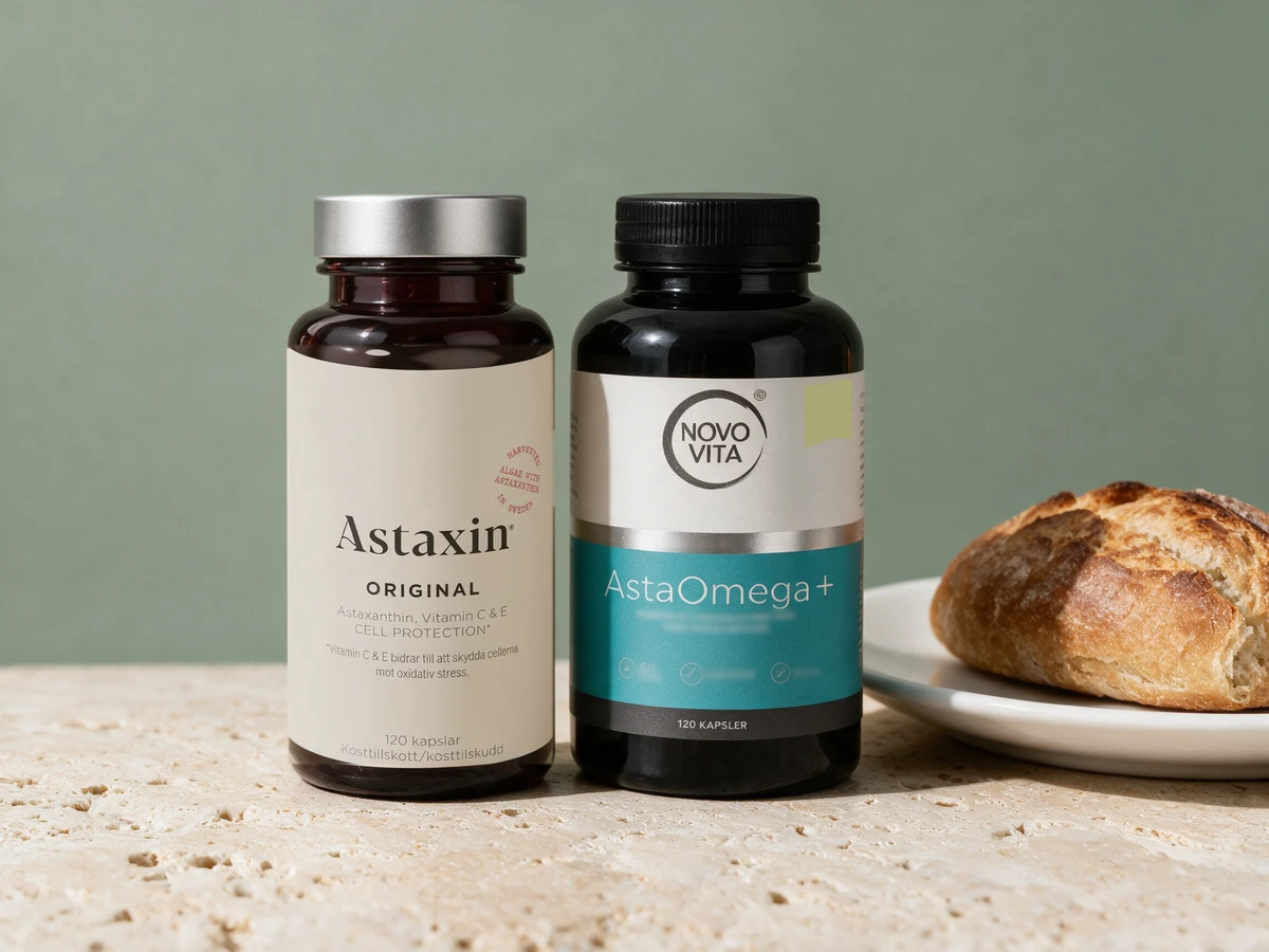 Astaxin Original, 120 kapsler i mørk krukke, og Novo Vita AstaOmega+, 120 kapsler