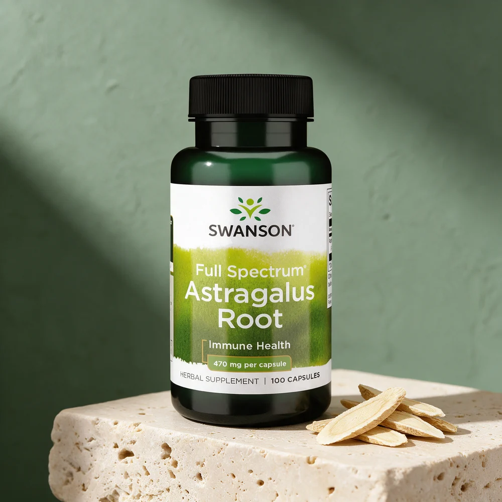 Swanson Astragalus Root, boks merket «470 mg per capsule» og «100 capsules»