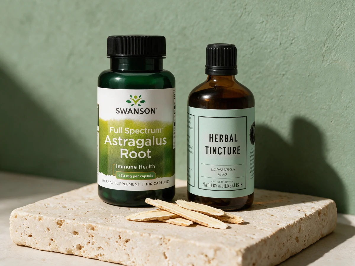 Swanson Astragalus Root med malt rot i kapsel og Napiers-tinkturen i brun glassflaske