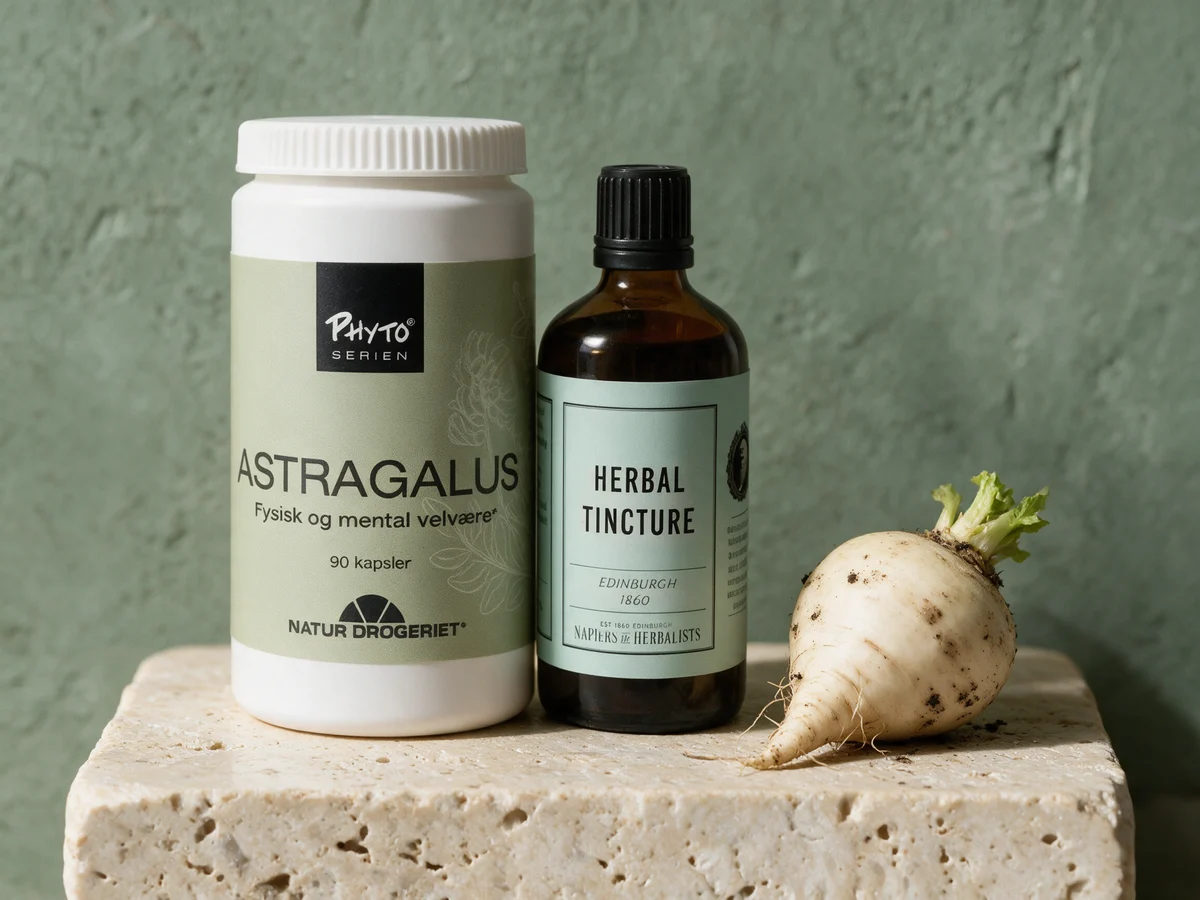 Natur-Drogeriet Astragalus i plantekapsel og Napiers-tinkturen med alkohol fra sukkerbete