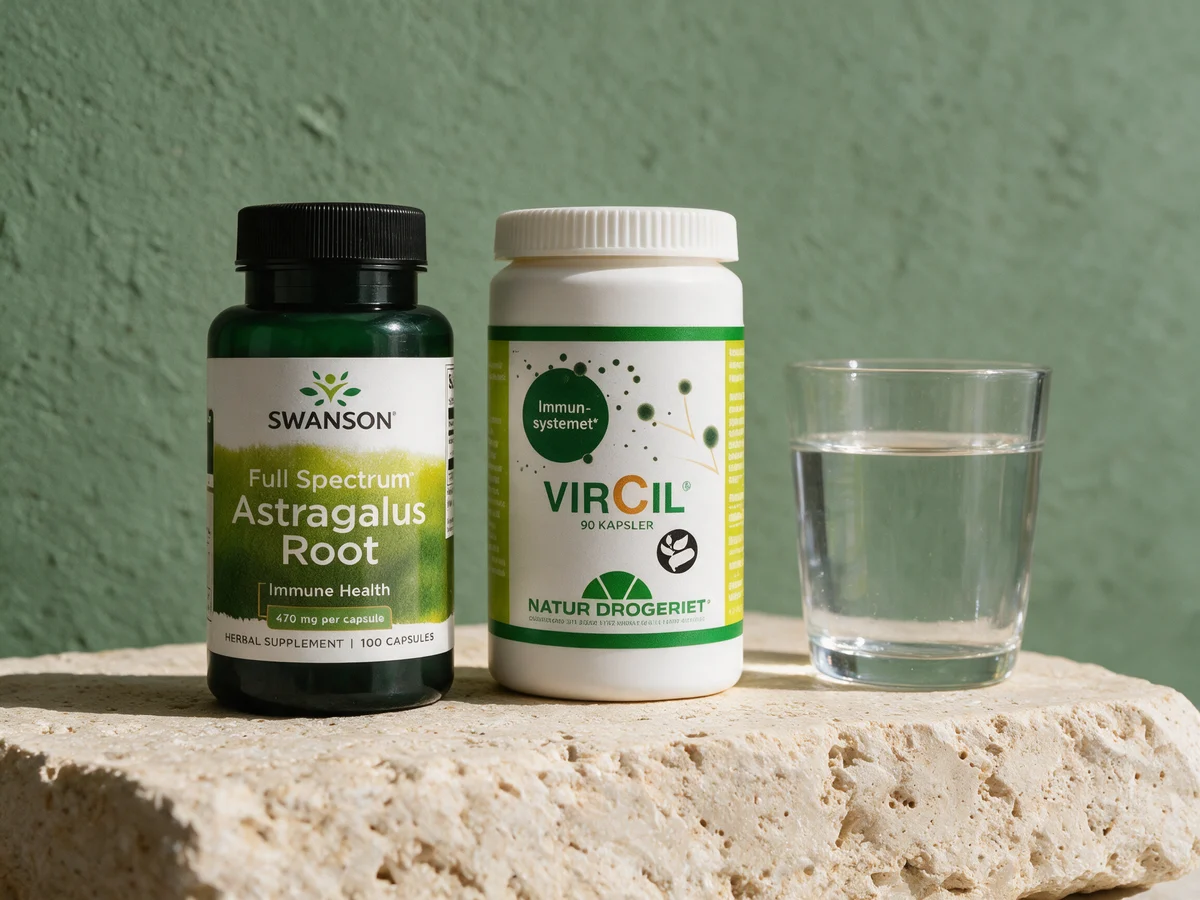 Swanson Astragalus Root og Natur-Drogeriet VirCil, kapsler som tas én og tre ganger daglig