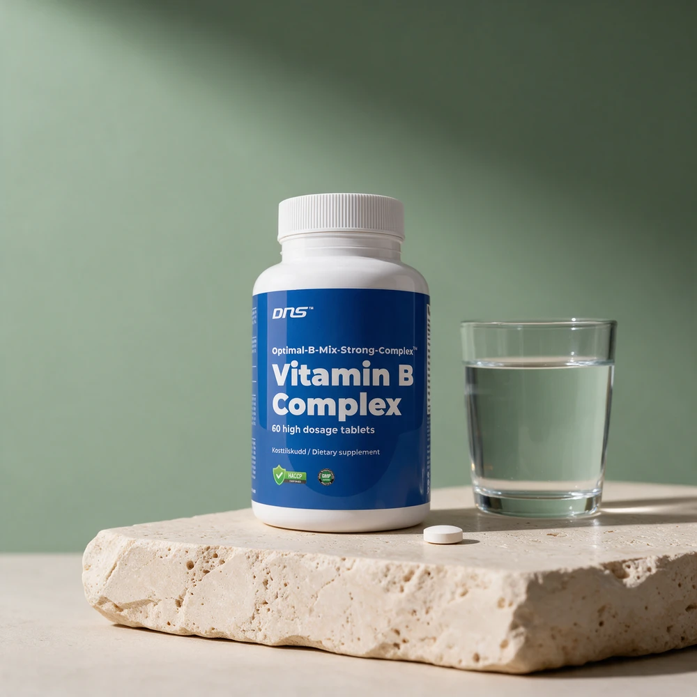DNS Vitamin B-Complex Høyt Dosert, boks med 60 tabletter og én løs tablett