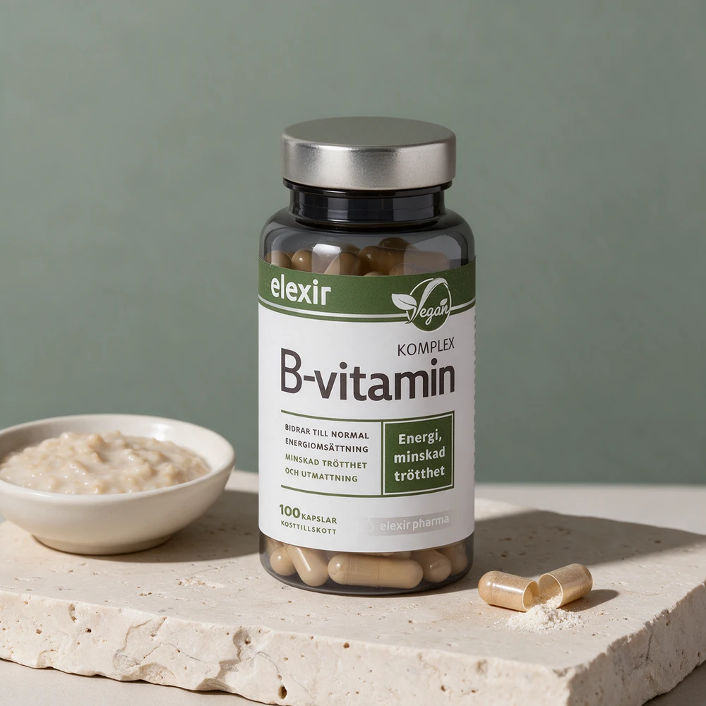Elexir Pharma B-vitamin Kompleks Vegansk, boksen og en åpnet kapsel med pulveret ute