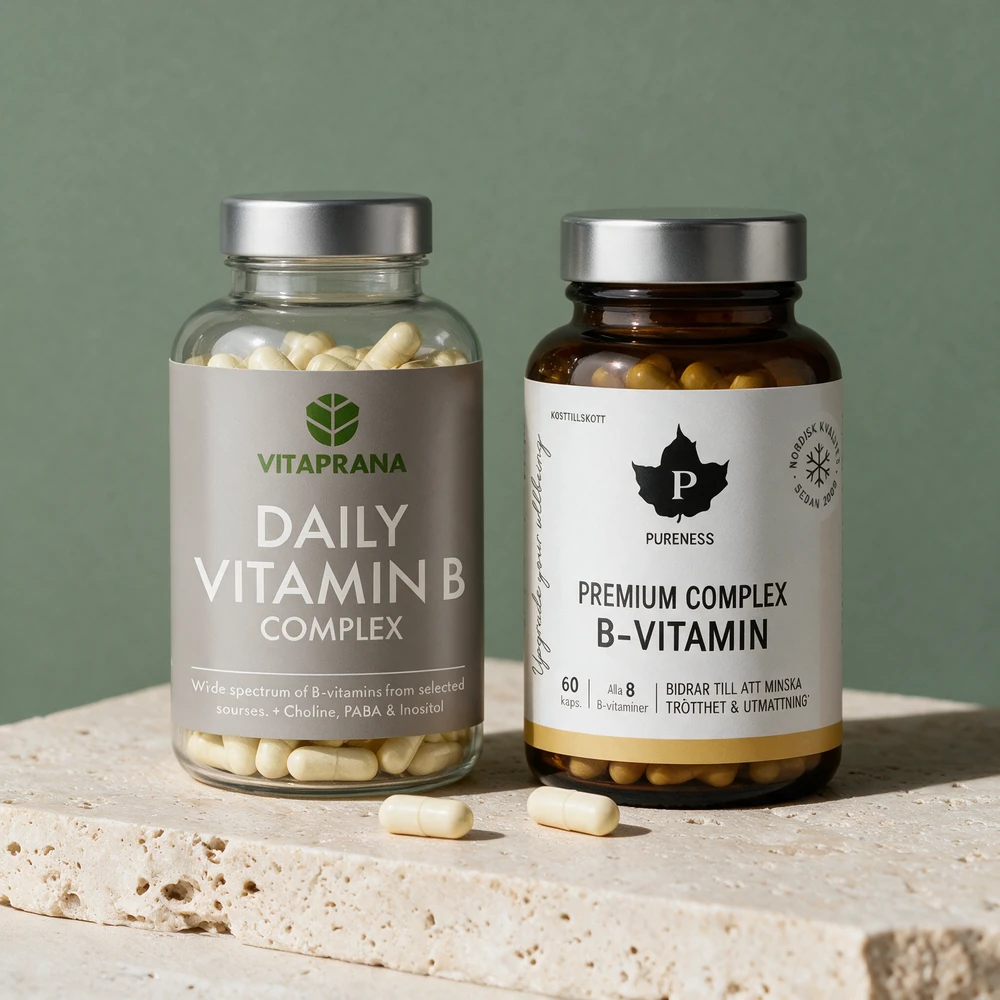 Vitaprana Daily Vitamin B Complex og Pureness Premium Complex B-Vitamin, to B-komplekser med aktive former