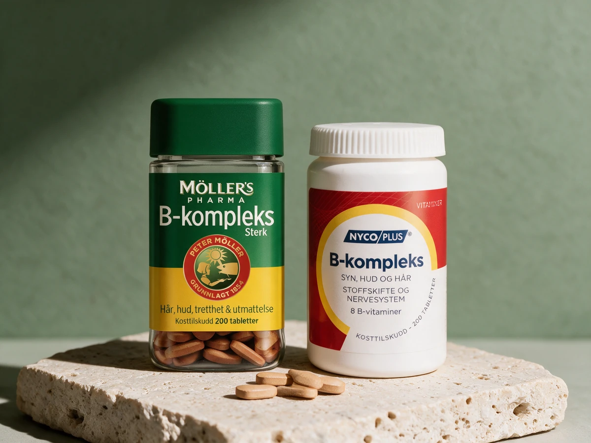 Møllers Pharma B-kompleks sterk og Nycoplus B-kompleks, to apotekbokser med 200 tabletter