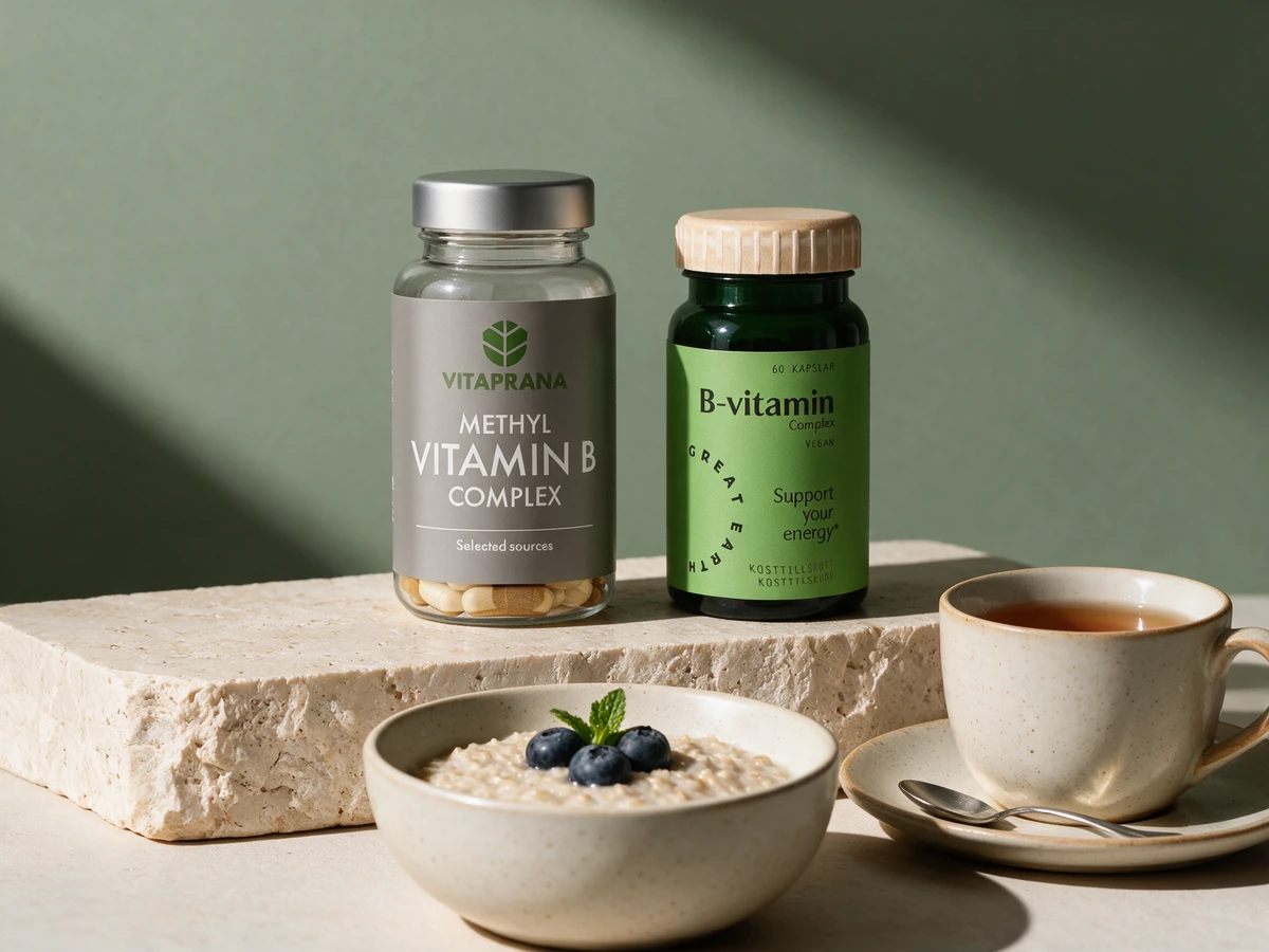 Vitaprana Metyl B-kompleks og Great Earth Vitamin B Complex, to kapselbokser